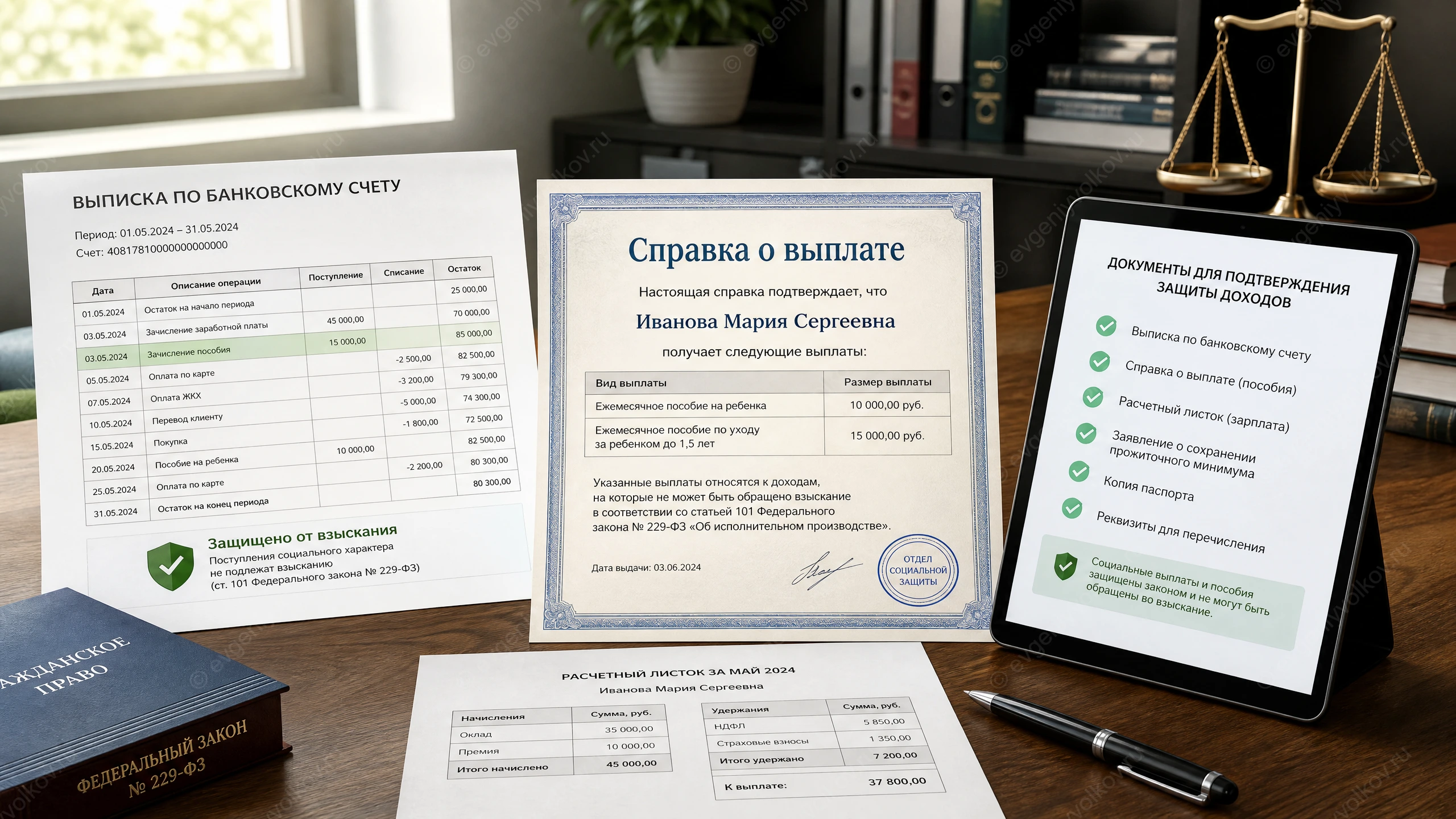 Выписка банка и справка о пособии для подтверждения защищенных выплат от списания